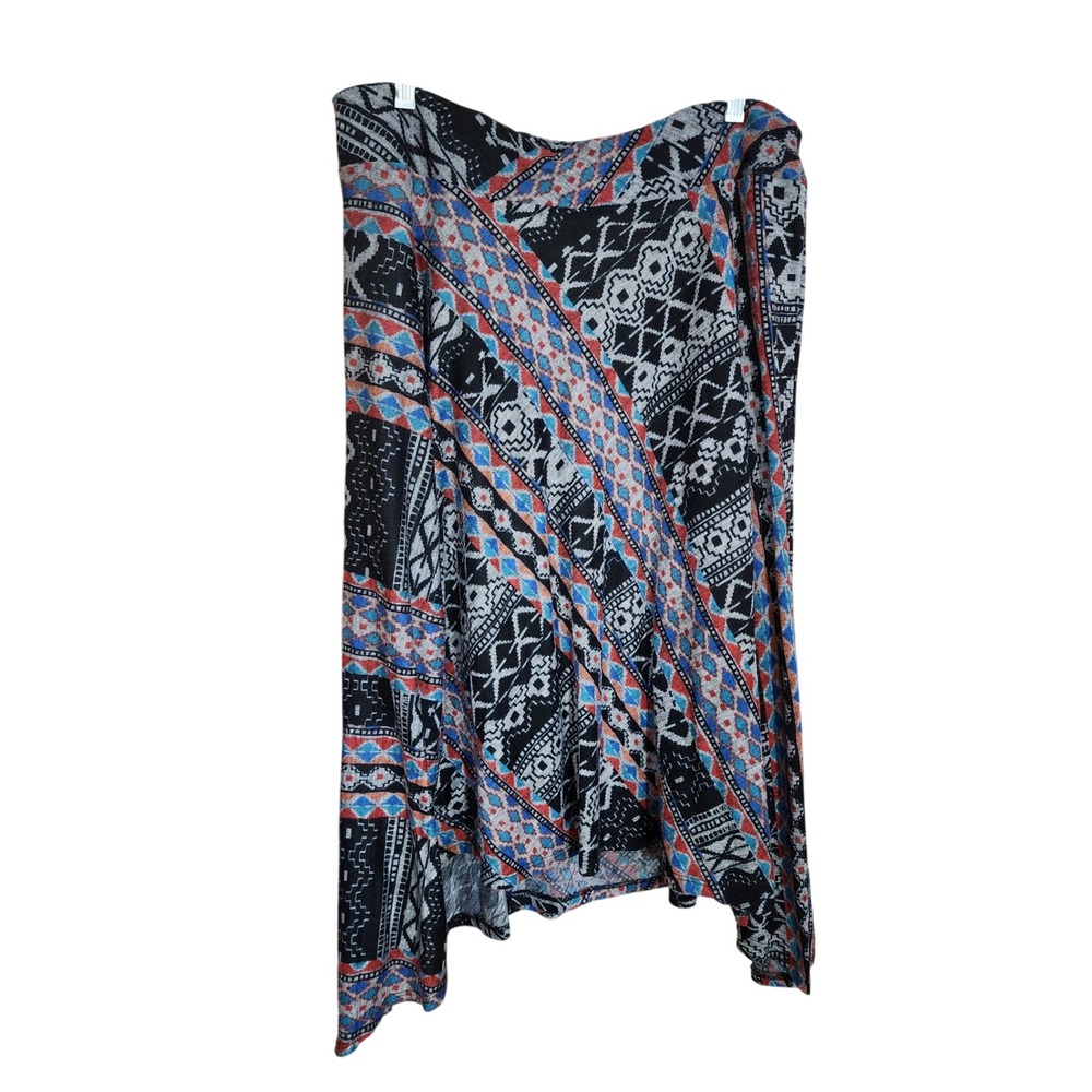 New Directions Womens L Geometric Tribal Print Handkerchief Hem Midi Skirt Black